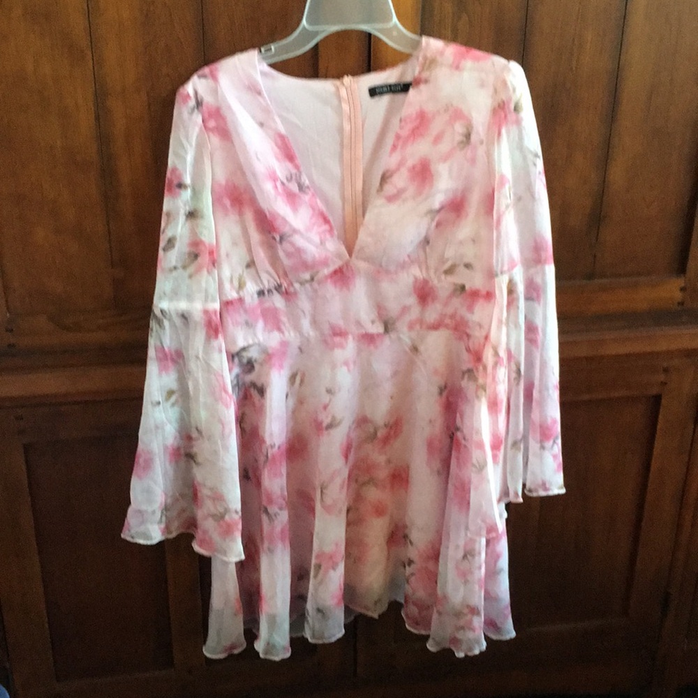 Floral Pink V-Neck Bell Sleeve Dress